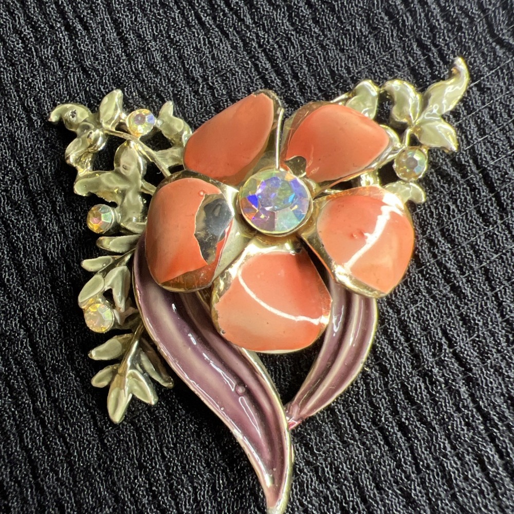 Vintage BSK Pink Enamel Flower Brooch As Is Repair Signed